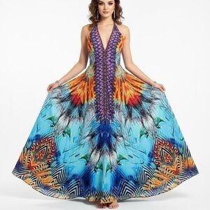 Vibrant Multicolor Halter Maxi Dress